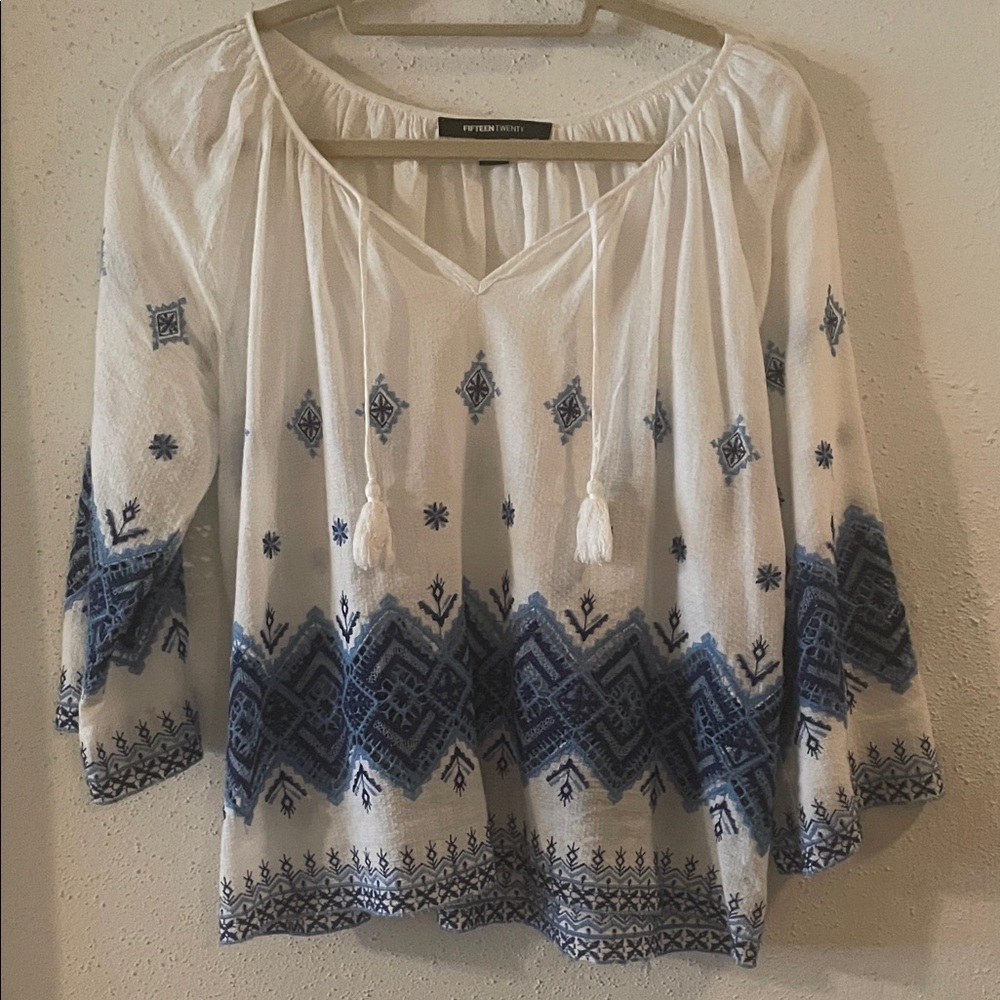 Fifteen Twenty White and Blue Crocheted & Embroidered Blouse, size L